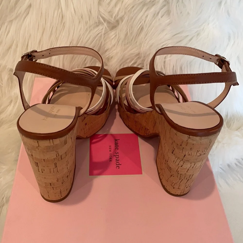 NIB KATE SPADE platform sandals 5 1/2” Multi grain leather beige tan blushpink 8